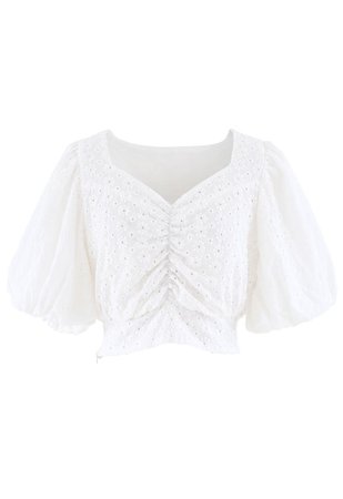 Chic Wish Sweetheart Floral Embroidery Puff-Sleeved Crop Top in White - Retro, Indie and Unique Fashion