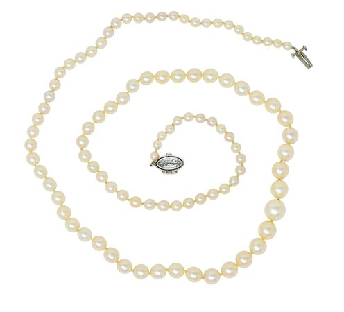 Vintage Marquise Diamond Platinum Graduated Pearl Strand Necklace | Wilson's Estate Jewelry