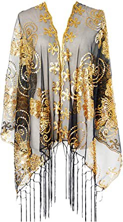 KELAND Women's Glittering 1920s Scarf Mesh Sequin Wedding Cape Fringed Evening Shawl Wrap (Gold and Black)(Size: One Size): Amazon.co.uk: Clothing