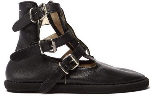Buckled Leather Ankle Boots - Womens - Black