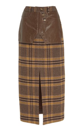Rejina Pyo Maggie Leather-Trimmed Checked Wool Midi Skirt Size: 10