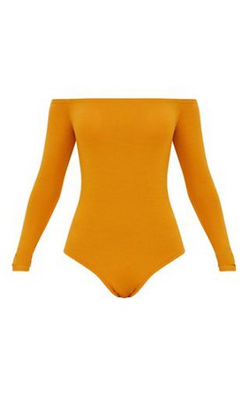 Basic Mustard Bardot Bodysuit. Tops | PrettyLittleThing
