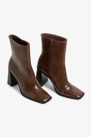 Square-toe heel boots - Faux brown croc - Shoes - Monki WW