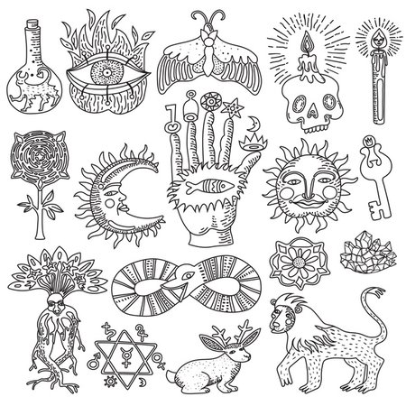 Free Vector | Monochrome doodle set of trendy magic tattoo designs isolated on white background