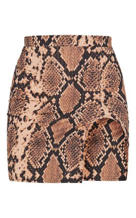 Tan Snake Print Rib Split Front Mini Skirt | PrettyLittleThing USA