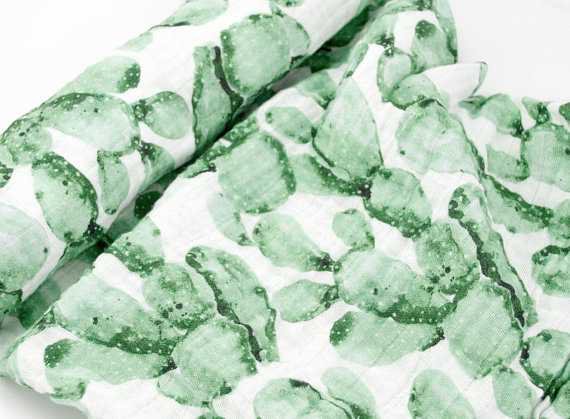 Muslin Swaddle Blanket in Green Paddle Cactus made from 100%