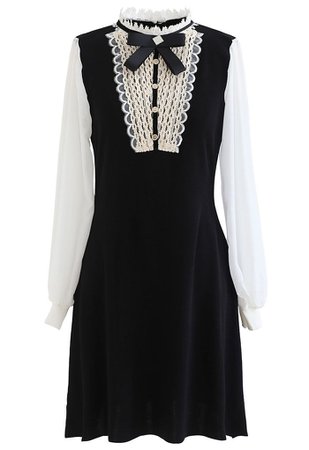 Brooch Lace Panelled Sheer-Sleeve Knit Dress - Retro, Indie and Unique Fashion
