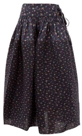 Toga Pintucked Floral Print Cotton Skirt - Womens - Navy Multi