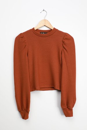 Trendy Puff Sleeve Top - Ribbed Knit Top - Brown Long Sleeve Top
