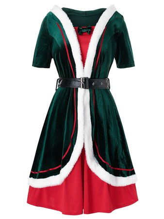 Plus Size Christmas Velvet Hooded Faux Fur Panel Belted Overlap Dress , #Aff, #Hooded, #Faux, #… | Plus size vintage dresses, Casual plus size outfits, Nice dresses