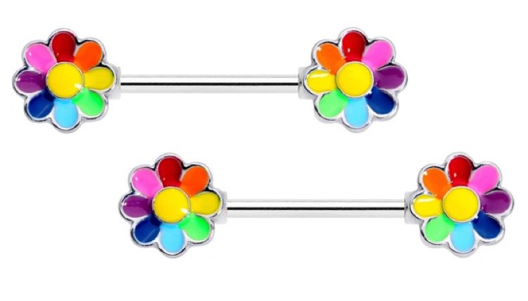Rainbow flower nipple rings