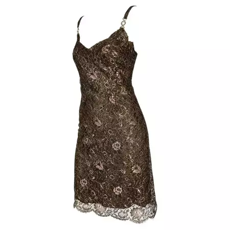 F/W 1996 Gianni Versace Couture Metallic Brown Floral Lace Medusa Mini Dress For Sale at 1stDibs