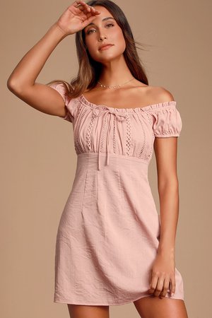 Blush Pink Dress - Off-the-Shoulder Dress - Embroidered Dress