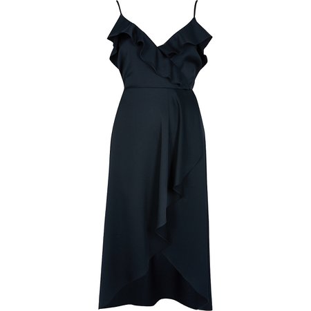 Black sleeveless wrap frill midi slip dress | River Island
