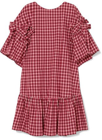 Bow-detailed Checked Cotton-poplin Mini Dress - Red