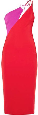 Asymmetric Two-tone Stretch-crepe Midi Dress - Red