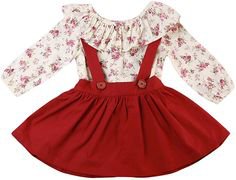 Baby Girl 2pcs Outfits Floral Long/Short Sleeve Ruffled T-Shirt Top+Suspender Braces Skirt Overalls