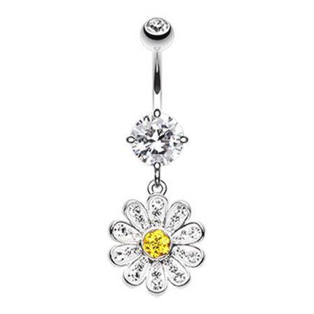 Clear/Yellow Multi-Sprinkle Dot Cutesy Daisy Belly Button Ring - * Rebel Bod *