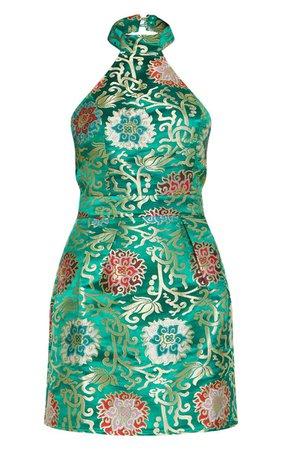 Green Oriental Jaquard High Neck Dress | PrettyLittleThing USA