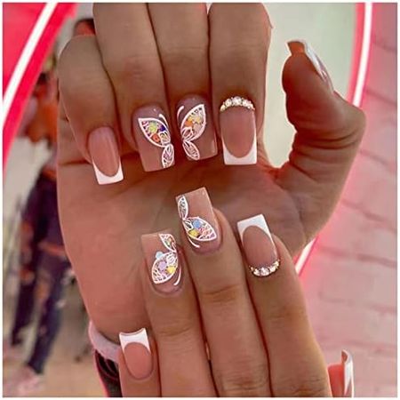 Amazon.com: Black French Tip Press on Nails Medium Square Fake Nails Nude Pink Acrylic Full Cover Glossy Glue on Nails with Heart Designs French Tip Nails Short Stick on Nails Artificial Nails for Women Girls : Industrial & Scientific