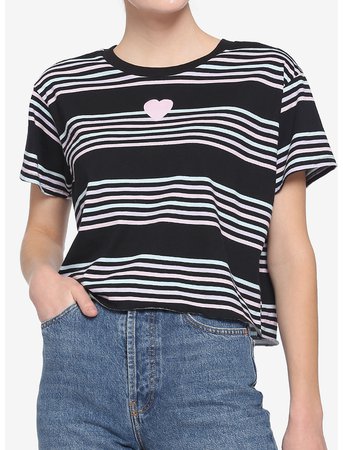 Pastel Stripe Embroidered Heart Girls Boxy Crop T-Shirt