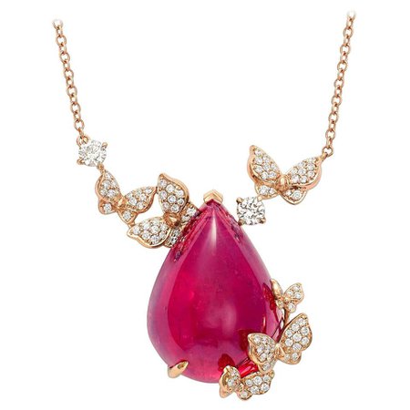 18 Karat Rose Gold, White Diamonds and Rubelite Cabochon Necklace For Sale at 1stDibs