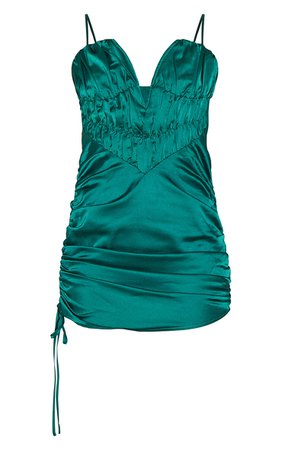 PLT Tall Green Satin Ruched Plunge Bodycon Dress
