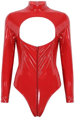 *clipped by @luci-her* Women's Liquid Wet Look Long Sleeve Bodysuit Cutout Front Zipper Catsuit Teddy: Clothing