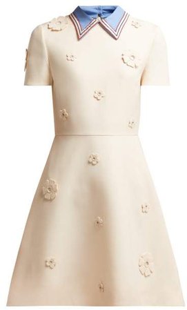 Floral Applique Wool And Silk Blend Crepe Dress - Womens - Ivory Multi