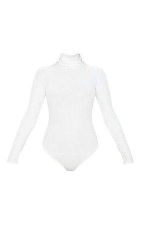 White Brushed Rib Roll Neck Long Sleeve Bodysuit | PrettyLittleThing