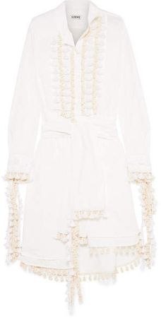 Tasseled Poplin Midi Dress - White