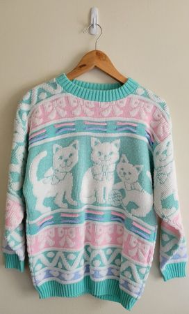 Vintage Women's Pastel Sparkle Knit Novelty Cat Pullover Sweater Sz M Fairy Kai | eBay