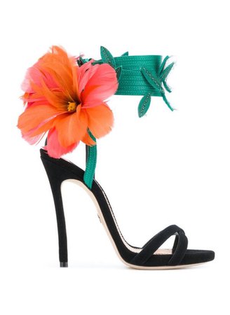 Green Orange Flower Black Strappy Stiletto Heels
