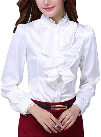 DPO Women's Chiffon Button Down Ruffle Lace Founcing Front Shirt Long Sleeve Blouse at Amazon Women’s Clothing store