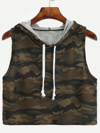 Olive Green Camo Print Crop Hooded Top