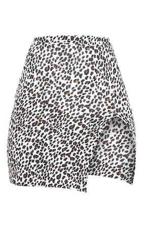 White Leopard Print Rib Split Front Mini Skirt | PrettyLittleThing USA