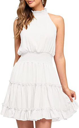 SYZRI Women's Summer Sleeveless Halter Neck Mini Dress Elastic Waist Ruffled A Line Swing Party Dress, White, Medium at Amazon Women’s Clothing store
