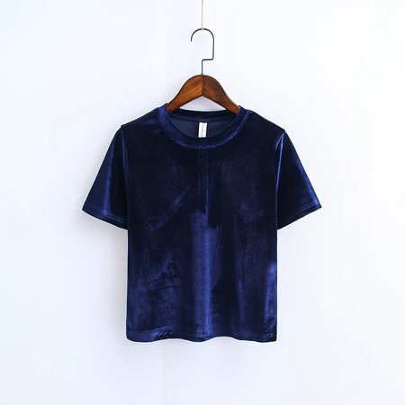Summer Clothing Short Sleeve Velvet T Shirt Back Split Women O Neck Casual Female Crop Tops dark blue