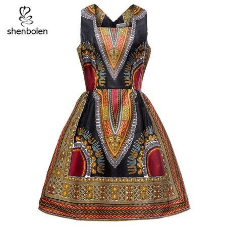 Shenbolen African Dresses Dashiki Traditional Cotton Wax Dress African Clothes