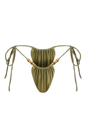 Olive Wooden Bead Ruched Tanga Bikini Bottoms | PrettyLittleThing USA