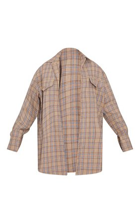 Beige Checked Pocket Detail Oversized Shirt | PrettyLittleThing USA