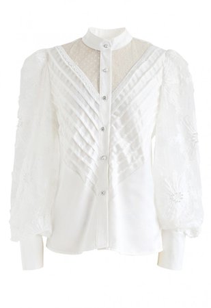 Mesh Inserted Floral Bubble Sleeves Buttoned Top in White - NEW ARRIVALS - Retro, Indie and Unique Fashion white
