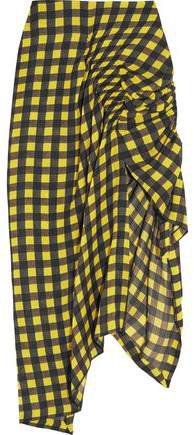 Asymmetric Ruched Gingham Silk Midi Skirt