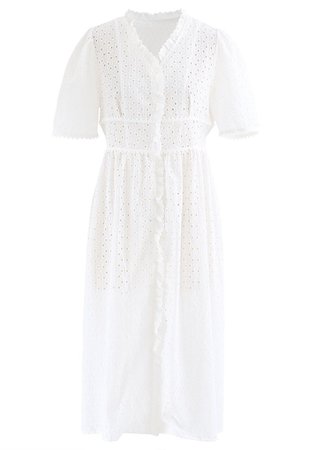 Ruffle Embroidered Button Down Eyelet Dress in White - Retro, Indie and Unique Fashion