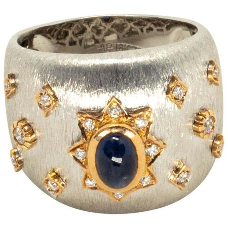 Blue Sapphire 18k White Rose Gold Diamonds Cocktail Ring in Florentine Finish For Sale at 1stDibs