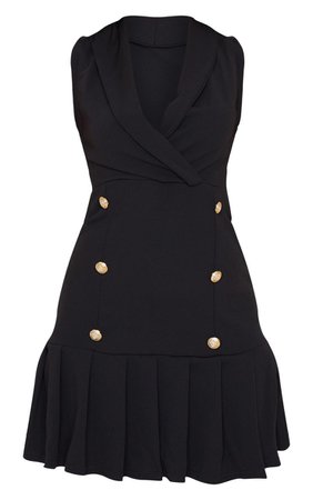 Black Sleeveless Gold Button Frill Detail Blazer Dress | PrettyLittleThing