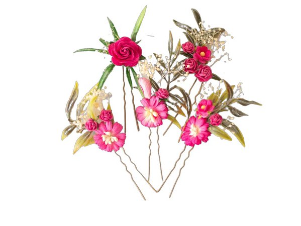 Fuchsia flower pins, set floral hair pins, hot pink gray blue flower bobby pins, dark pink hair pin, pink magenta bridesmaid hair pin
