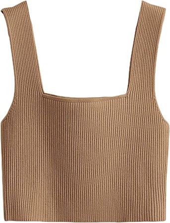 Verdusa Women's Square Neck Sleeveless Solid Ribbed Knit Crop Top Tank Beige M at Amazon Women’s Clothing store