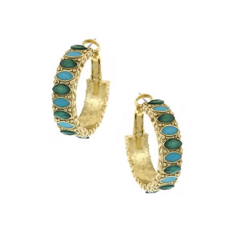 Gold-Tone Green and Turquoise Color Hoop Earrings