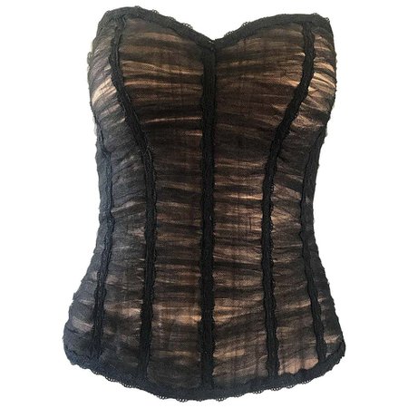 *clipped by @luci-her* Rene Ruiz Couture Black and Nude Strapless Silk Net Overlay Bustier Corset Top